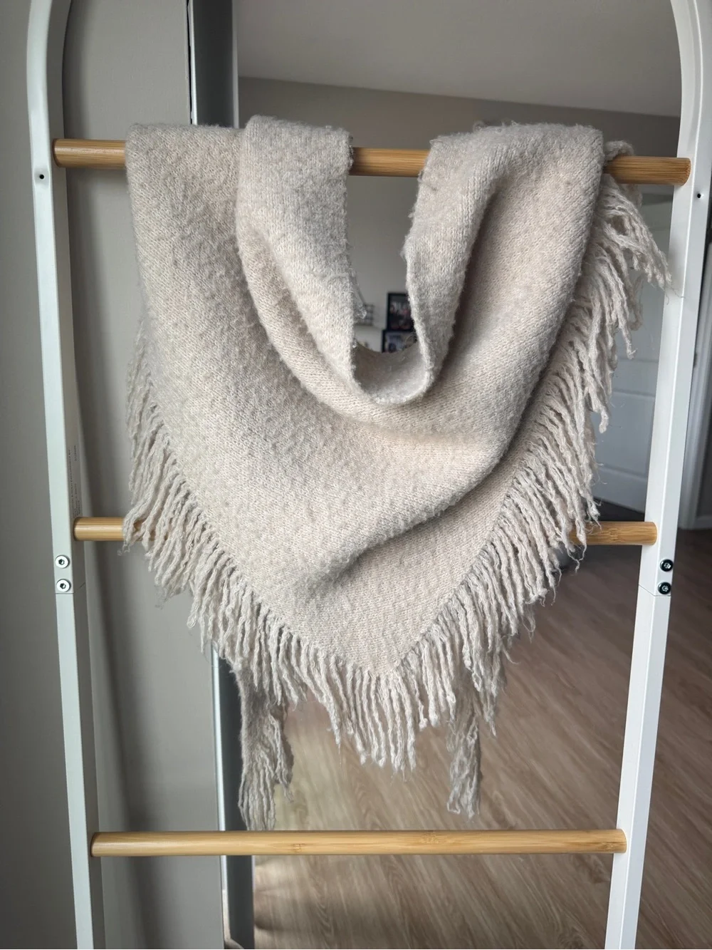 Anthropologie Women's Cream White Shay Fringe Knit Triangle Scarf Wrap 75